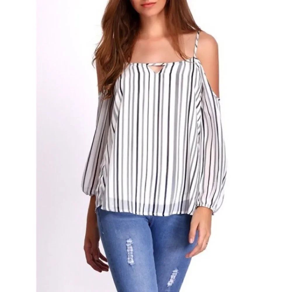 ✨White Cold Shoulder Striped Keyhole Blouse✨ - Picture 3 of 4